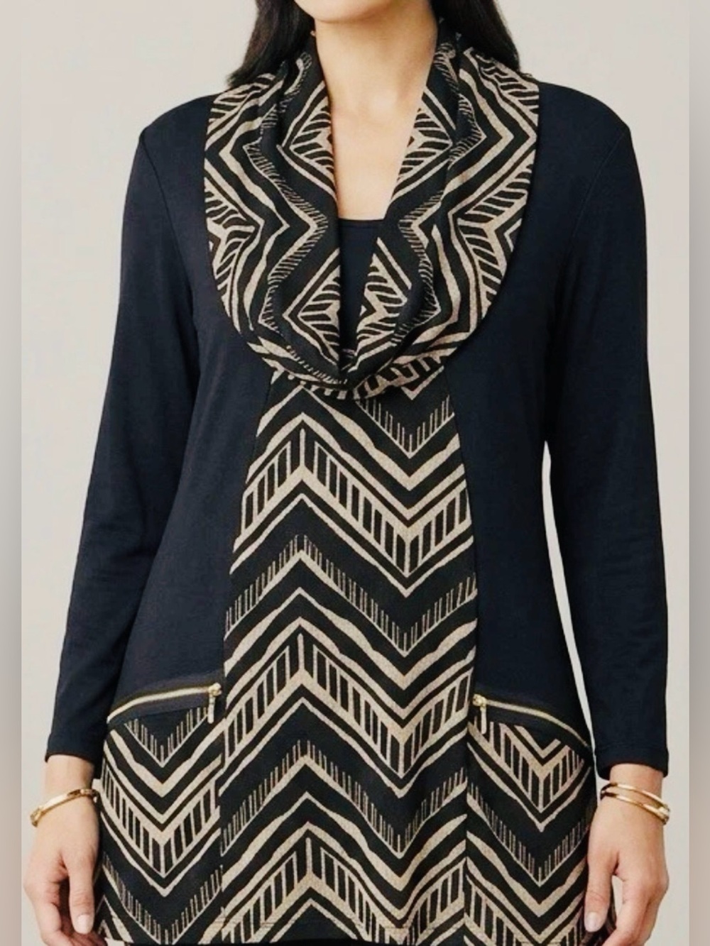 Coco Bianco Black Sweater Tunic with Cream Chevron Scarf Detail.   NWOT
